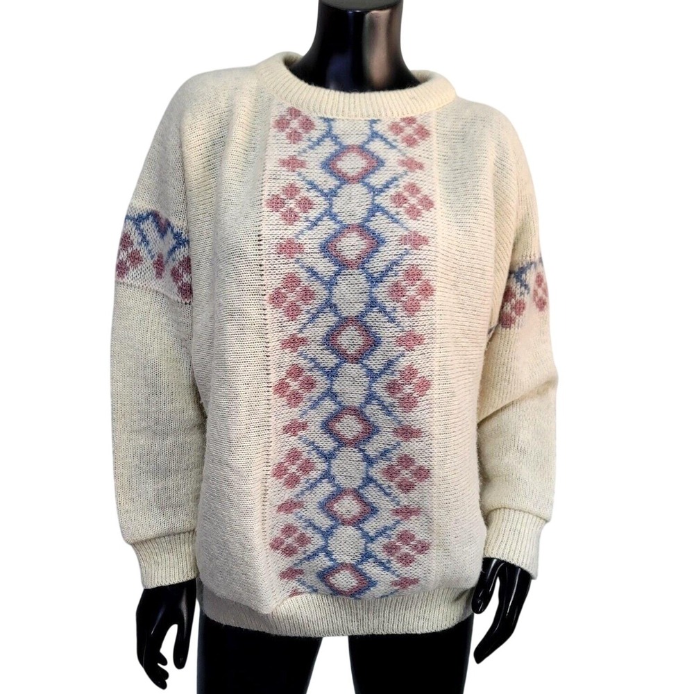 Vintage Alafoss Iceland Pure New Wool Fair Isle Sweater Cream Pink Blue Womens M